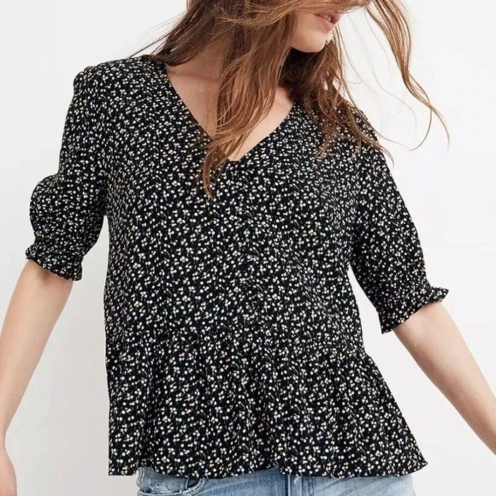 Madewell Courtyard Ruffle Hem V-Neck Peplum Top Black Ditsy Floral Blouse XS